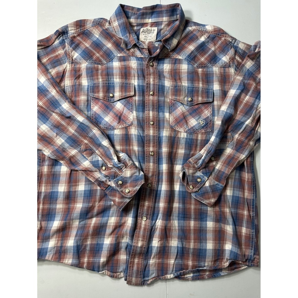 Ariat Mens XL Retro Fit Western Pearl Snap Plaid Long Sleeve Shirt Blue Brown